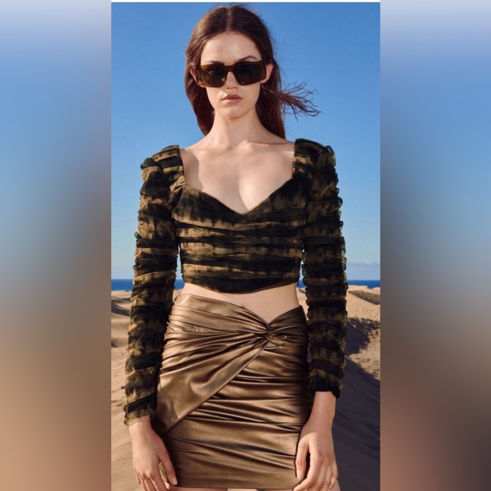 NWT Zara Corsetry Tulle Crop Top Green Black Woman's Size Large (4661/402)